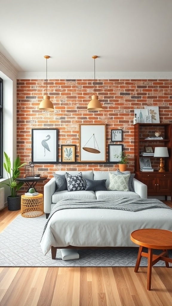 Living room with a chic brick wall, stylish sofa, and decorative elements