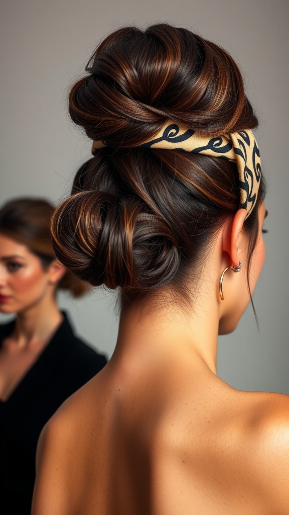 A woman with a chic bun hairstyle adorned with a patterned headband, showcasing a stylish and elegant look.