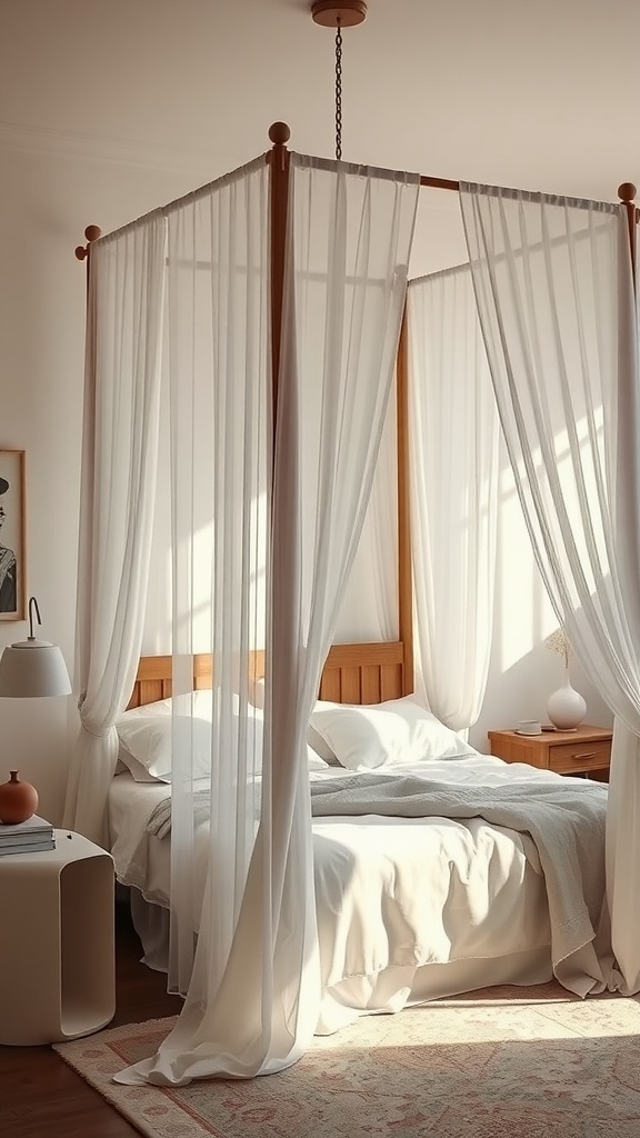 Cozy bedroom featuring a chic canopy bed draped with sheer white curtains, warm wooden frame, and soft pillows.