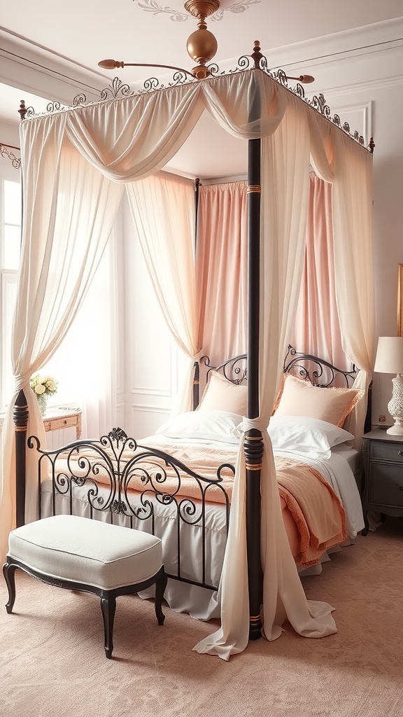 A chic canopy bed with sheer drapes and pastel bedding in a stylish girly room decor.