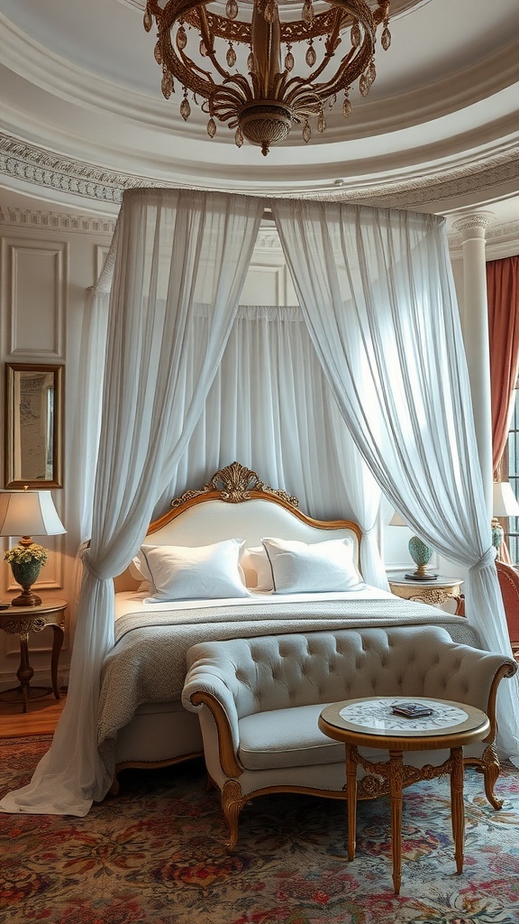 Chic canopy bed with sheer drapes in an elegant bedroom setting