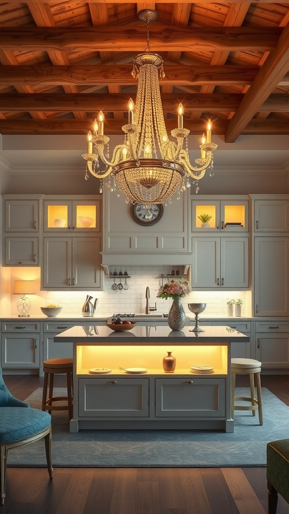 A stylish chandelier hanging over a kitchen island, illuminating the space with a warm glow.