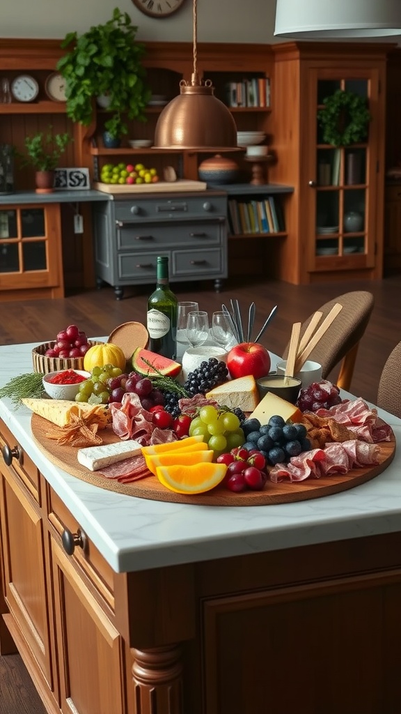 A chic charcuterie board featuring an assortment of meats, cheeses, and fruits on a kitchen island.