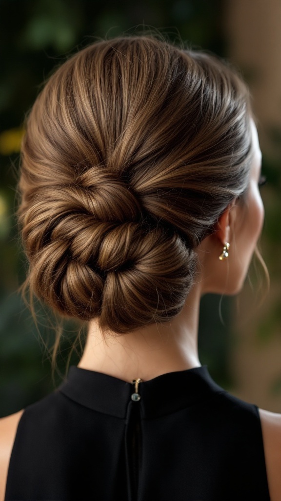 A chic chignon hairstyle styled elegantly for a high neck dress.