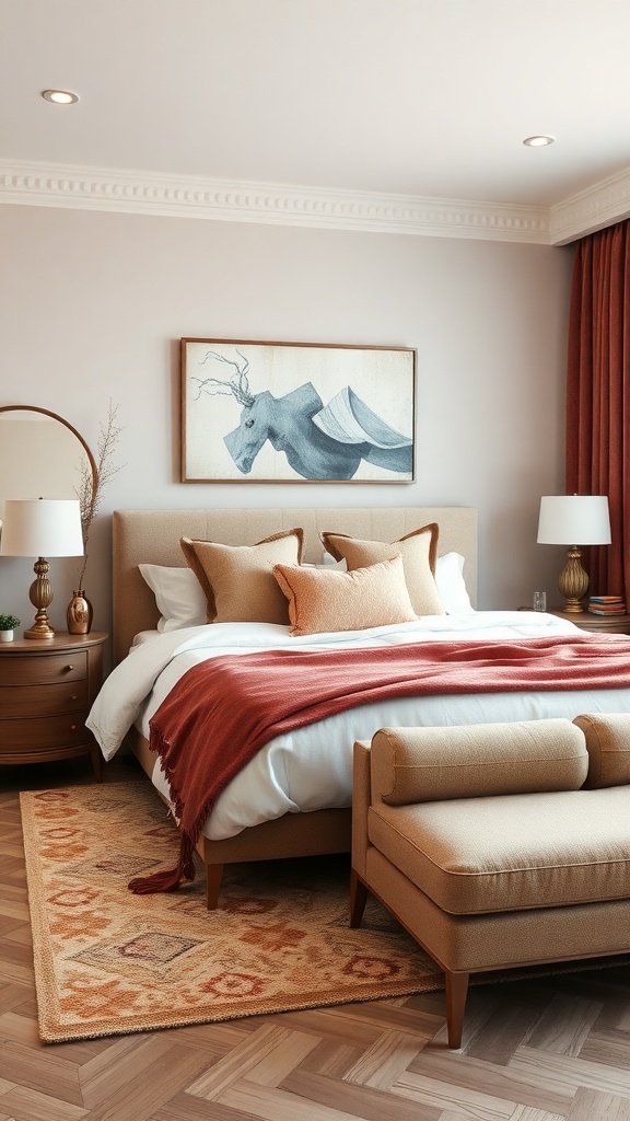 A chic bedroom with warm color palette, featuring a beige wall, terracotta throw, and wooden furniture.