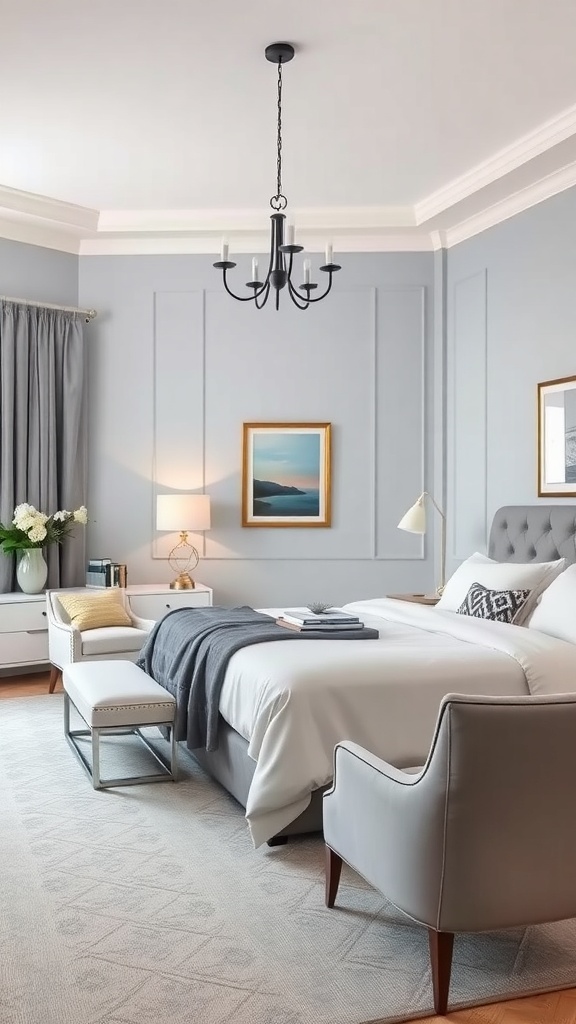 A chic master bedroom featuring soft gray walls, light gray furniture, and elegant decor.