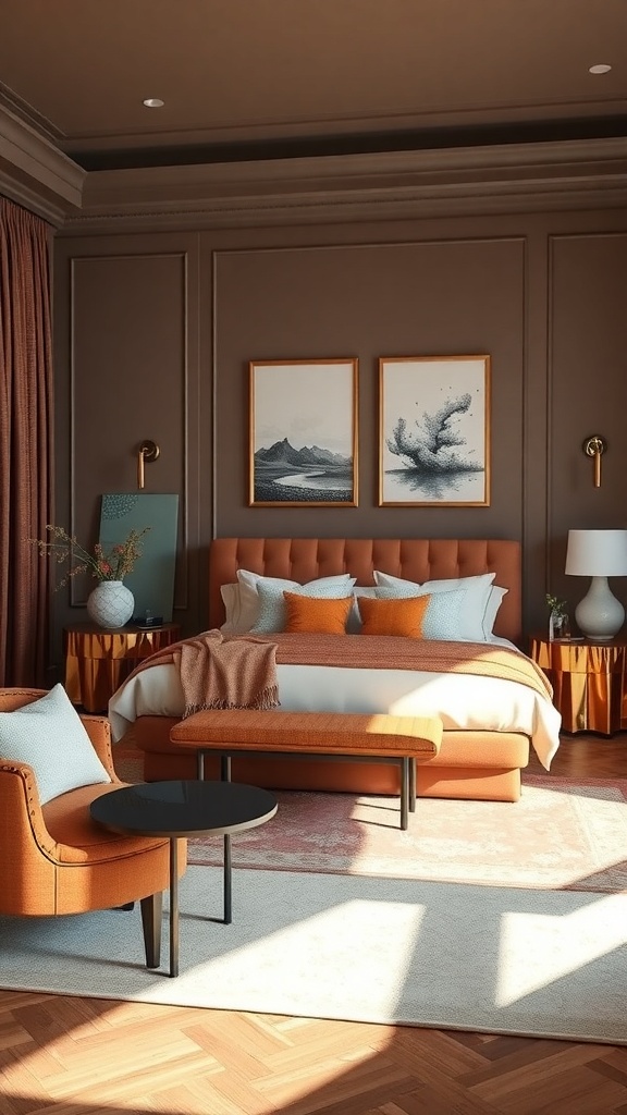 A chic mansion bedroom featuring rich brown walls and vibrant orange accents, with stylish decor and comfortable furnishings.