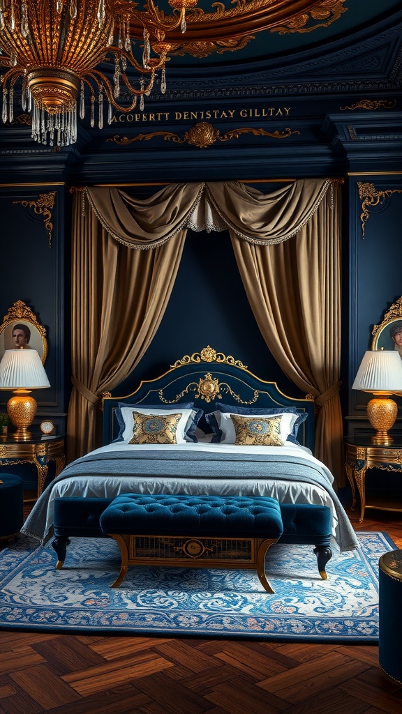 A chic mansion bedroom featuring deep blue walls, gold accents, and luxurious furnishings.