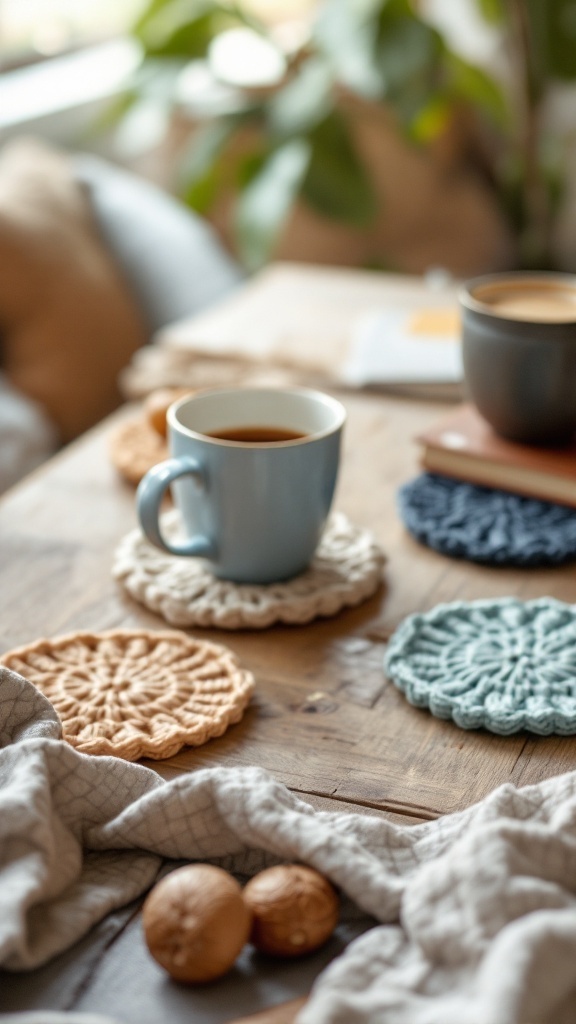 A cozy table setting with crochet coasters, coffee cups, and a warm atmosphere.