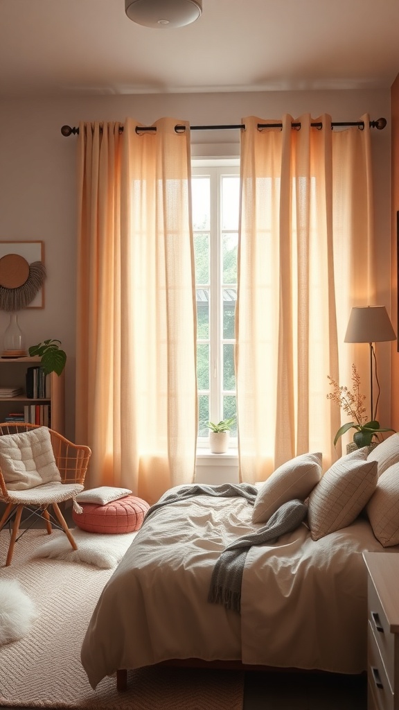 A cozy bedroom featuring soft peach curtains, a comfortable bed, and a stylish chair.