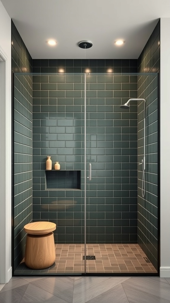 Chic dark green shower niche with glass enclosure and wooden stool