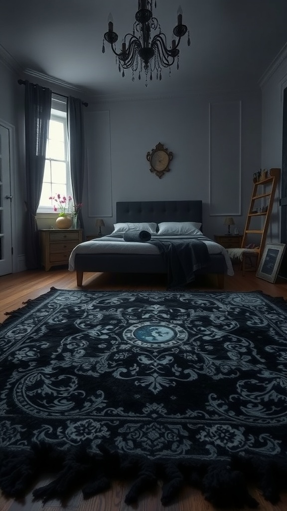 A dark rug with intricate designs in a goth-themed bedroom
