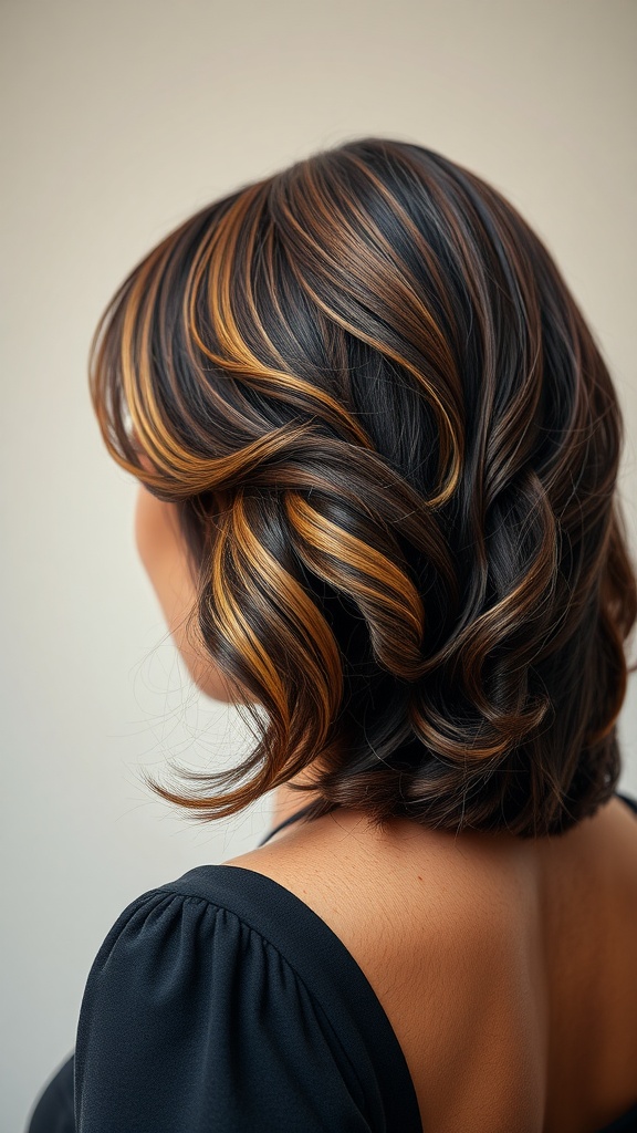 A close-up view of a chic deep wave shag hairstyle featuring dark hair with light highlights.