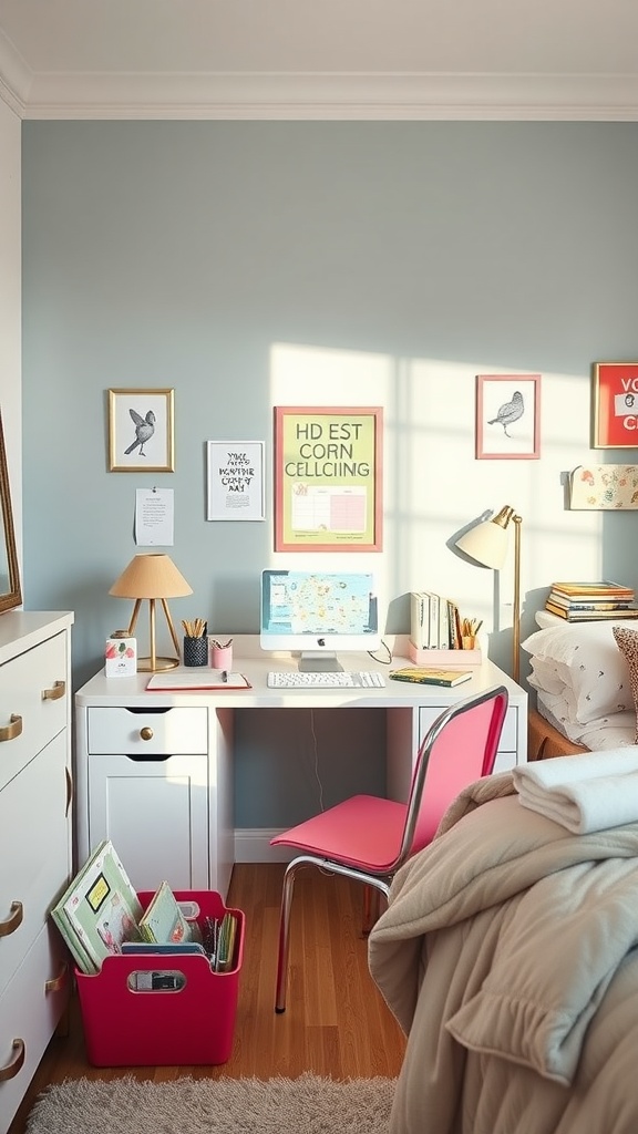 A chic desk space featuring a white desk, pink chair, and organized storage with framed art on the walls.