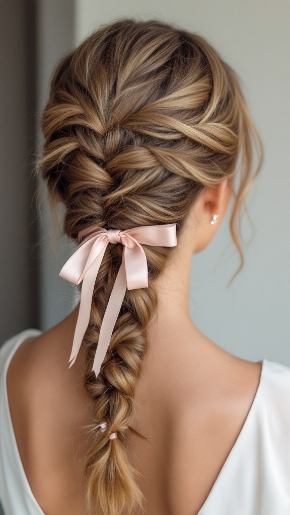 A chic double braid hairstyle with ribbons, ideal for bridesmaids