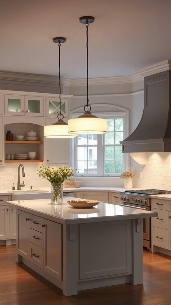 Bright kitchen with two drum shade lights illuminating an island.