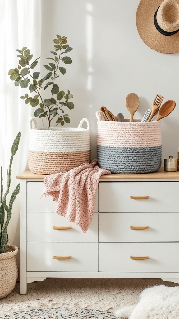 Two crochet storage baskets in soft colors on a wooden table, one with kitchen utensils and the other with a plant.