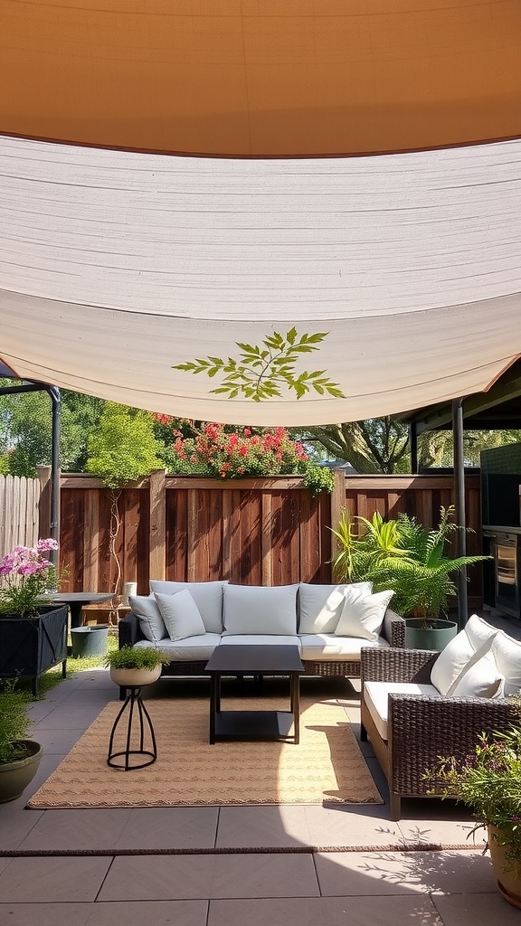 A stylish garden area with a fabric canopy overhead, soft seating, and plants around.