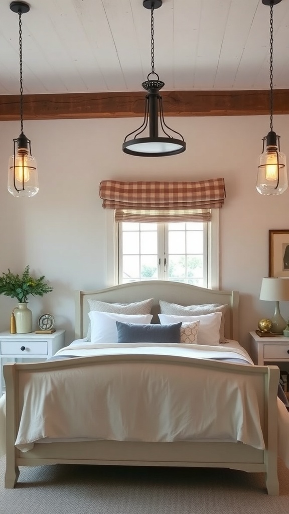 A cozy French country bedroom featuring stylish farmhouse lighting fixtures above the bed.