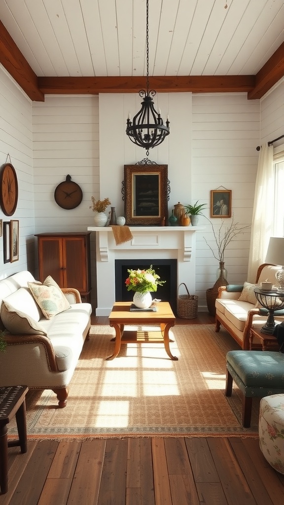 A cozy and stylish living room featuring a fireplace, comfortable seating, and farmhouse decor.