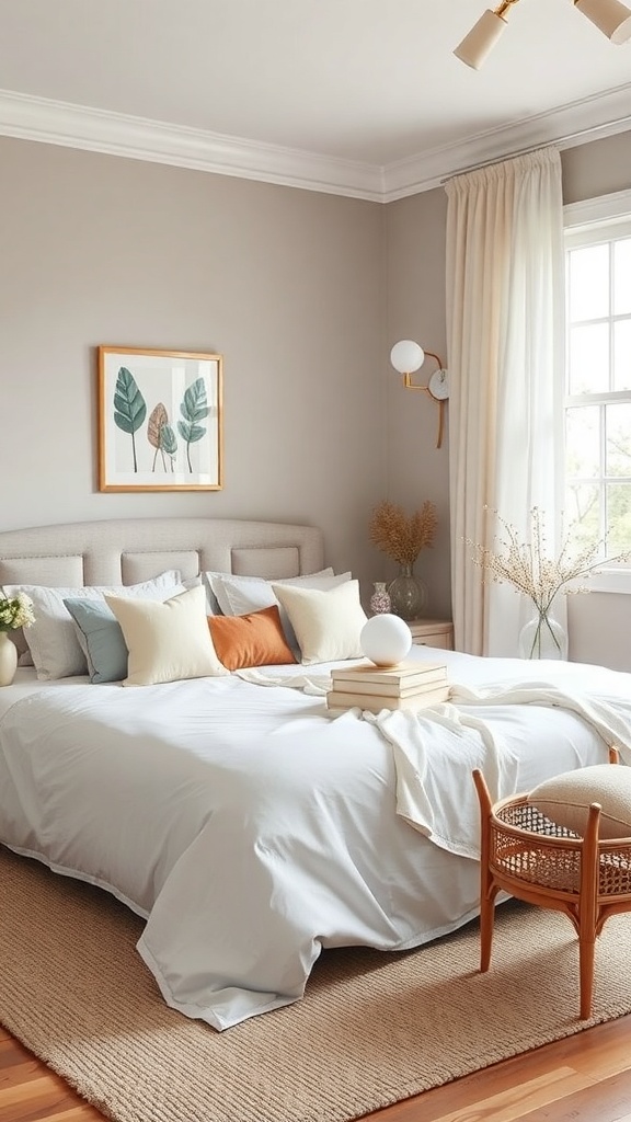 A chic bedroom featuring floral accessories, soft bedding, and natural elements.