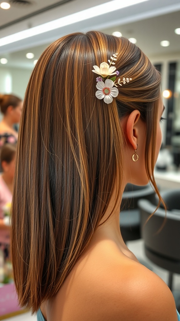 A close-up view of a woman’s hair styled with a floral hairpin, showcasing glossy long hair and delicate flower accents.