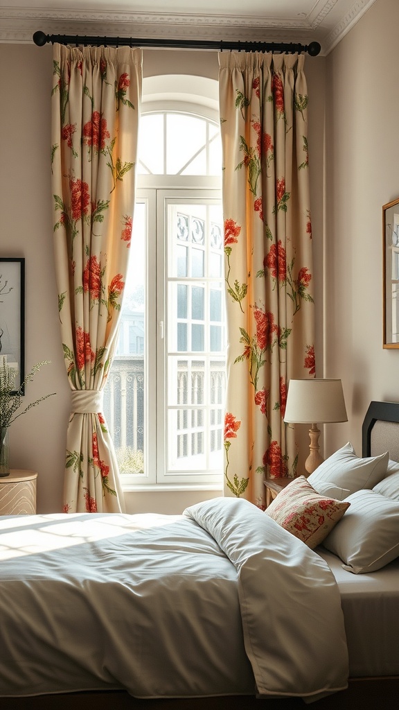 A bedroom with flower-printed curtains framing a window, a neatly made bed, and a bedside lamp.
