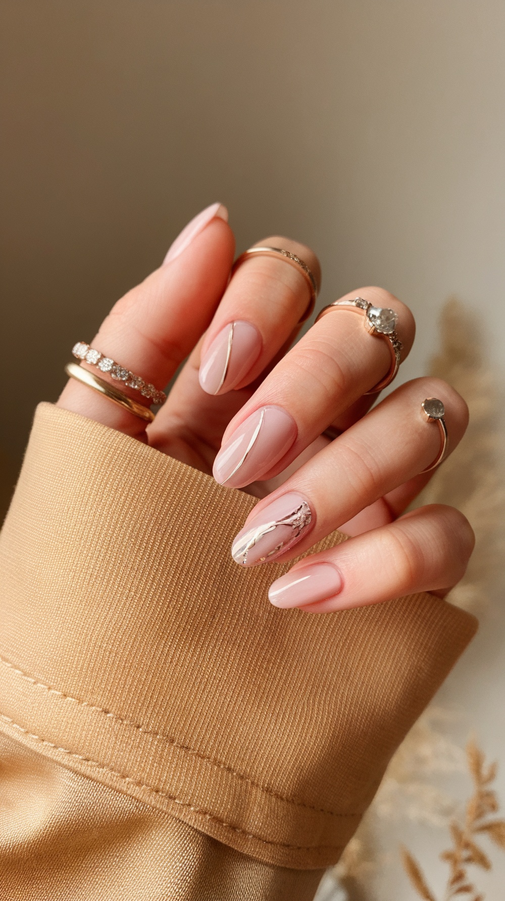 Nude pink nails with chic French tips and delicate designs, accessorized with rings.