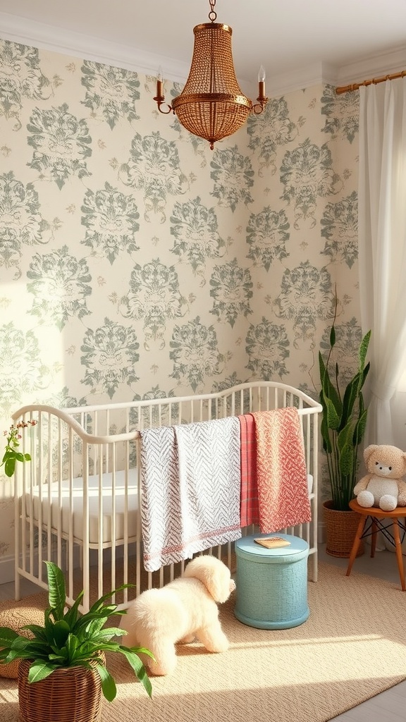 A chic nursery featuring floral wallpaper, a crib, and cozy decor.