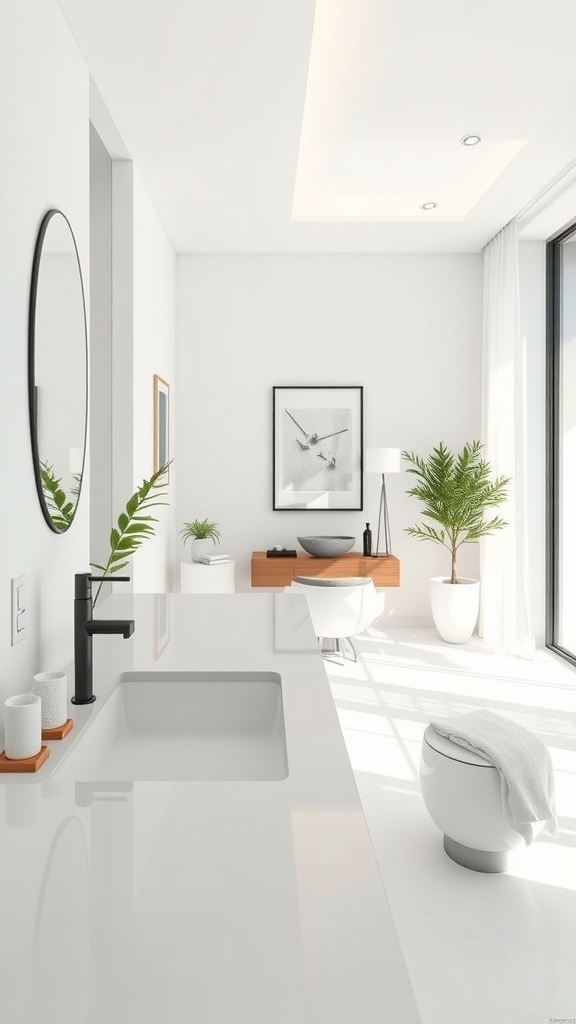 A modern bathroom featuring a chic glass countertop, black faucet, and plants for a stylish look.