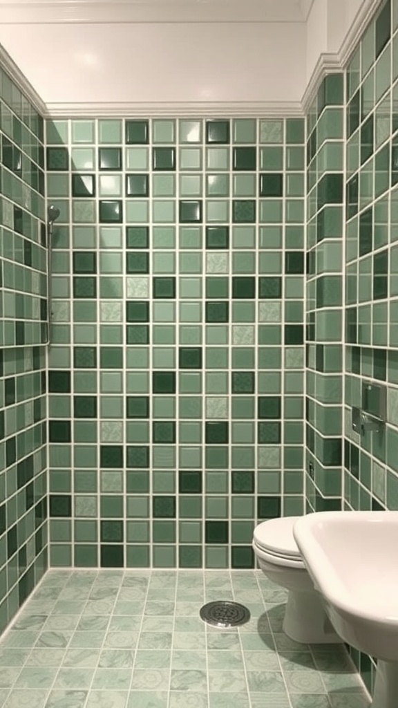 A bathroom with green tile patterns on the walls and floor, featuring a shower, toilet, and modern design.