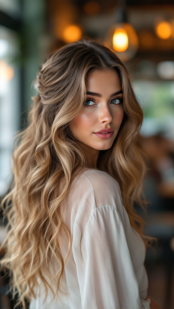 Model with wavy hair styled in a half-up half-down hairstyle, showcasing elegance and beauty.