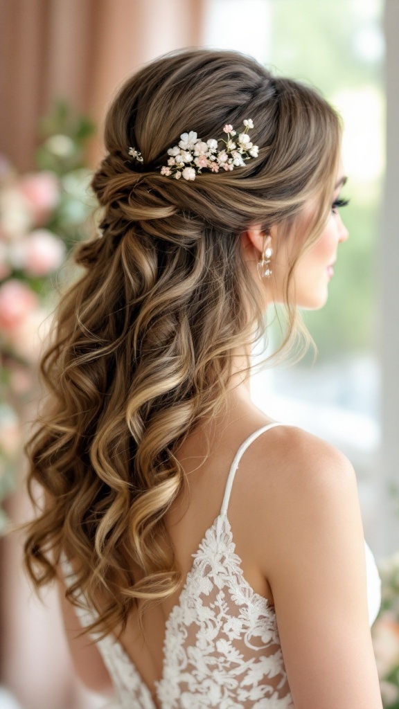 Bridesmaid hairstyle featuring half-up, half-down curls with floral hair accessories