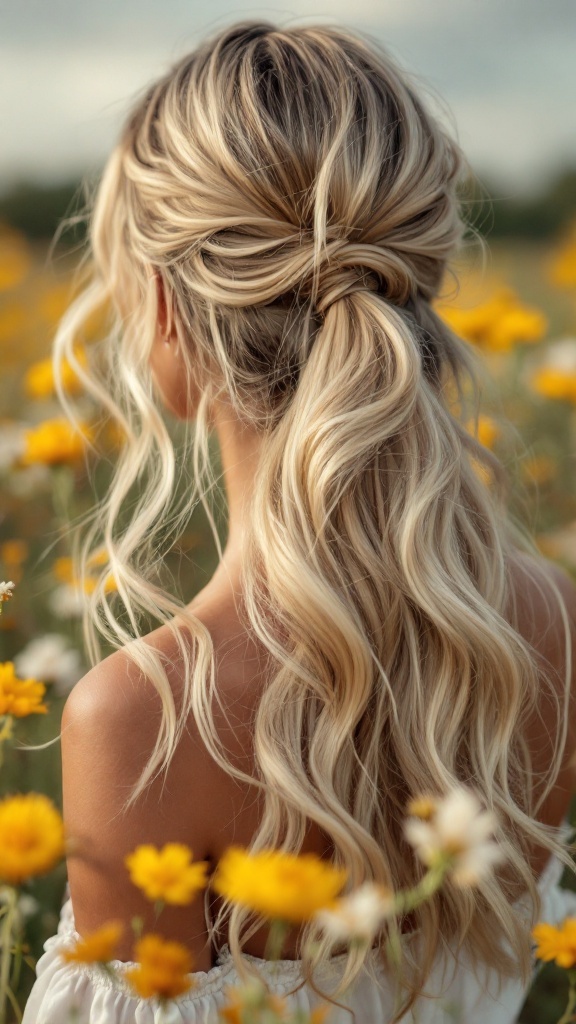 Half-up ponytail hairstyle with flowing waves in a field of yellow flowers