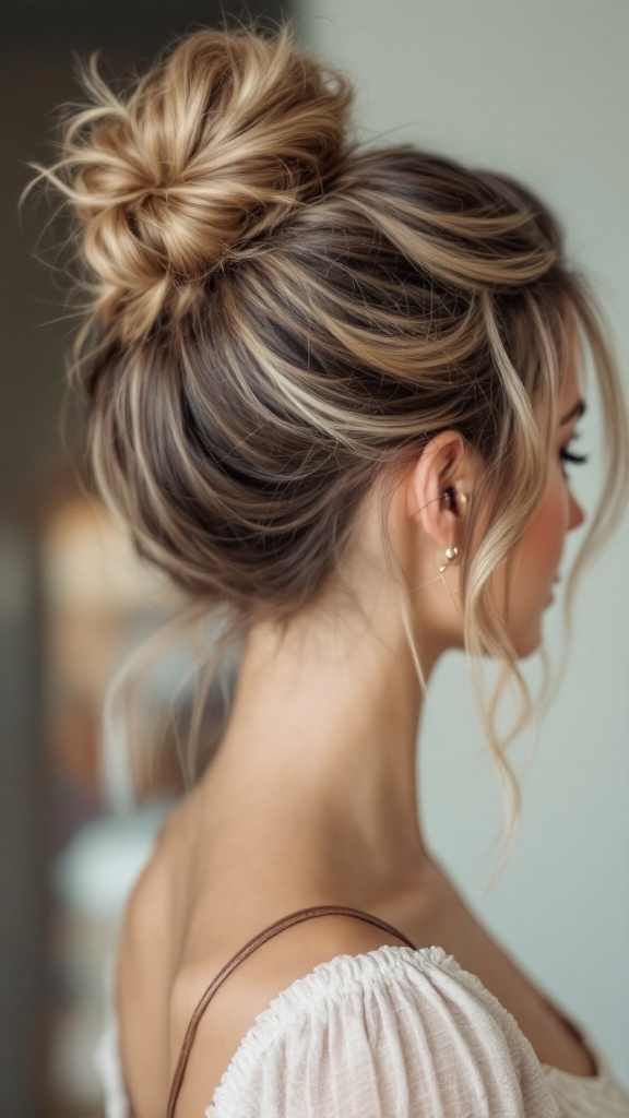 A woman with medium hair styled in a chic half-up top knot.