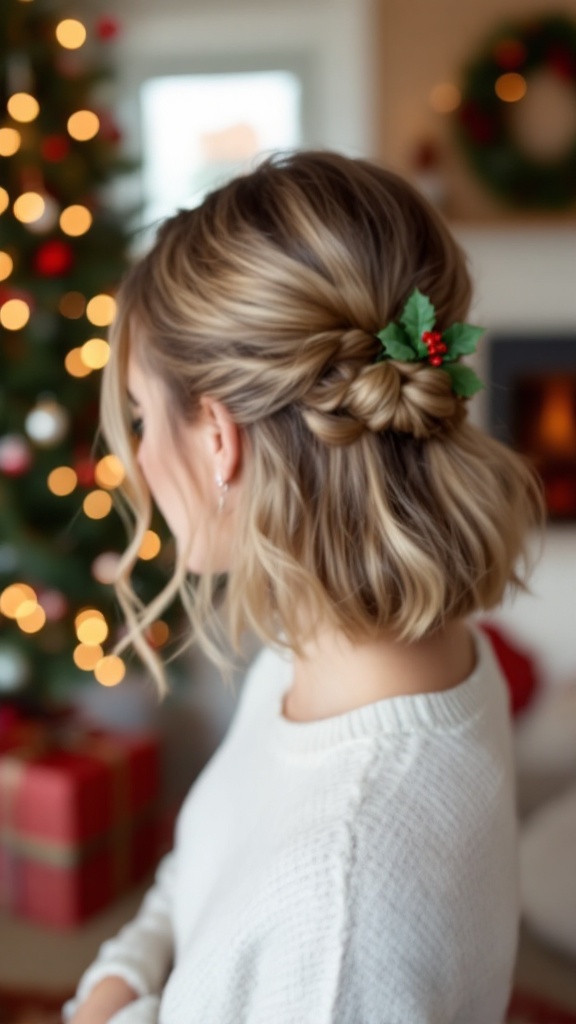 A woman with a chic half-up twist hairstyle adorned with a sprig of holly, set against a festive background.
