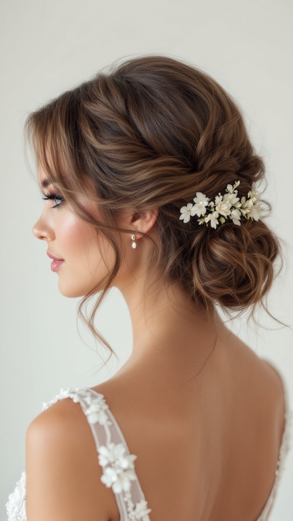 A side view of a woman with half-up hairstyle adorned with small white flowers, looking elegant and sophisticated.