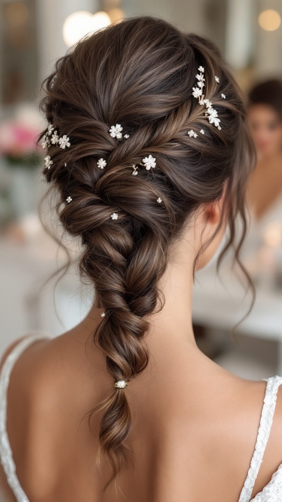 Half up half down braid hairstyle adorned with delicate hairpins