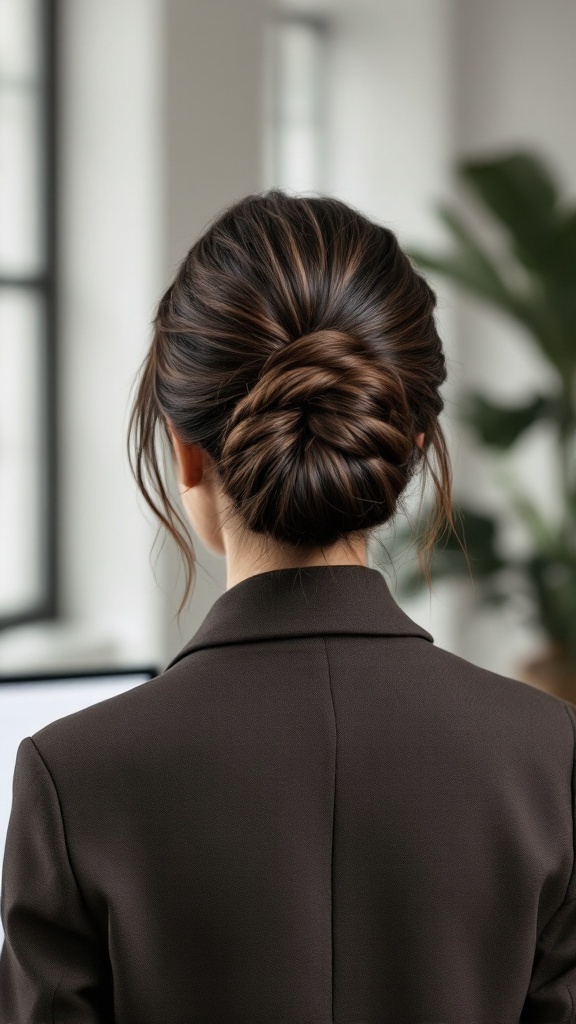 A woman with a half up half down bun hairstyle, wearing a dark blazer, viewed from the back in an office setting.