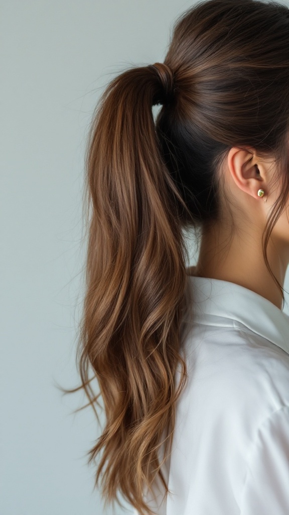 A woman with a chic half up half down ponytail, showcasing a stylish yet professional look.