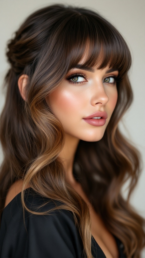 A woman with a half up half down hairstyle and bangs, showcasing soft waves and a chic look.