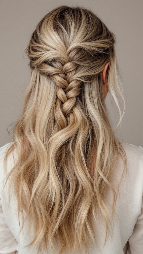 Half up half down hairstyle featuring a side braid and loose waves