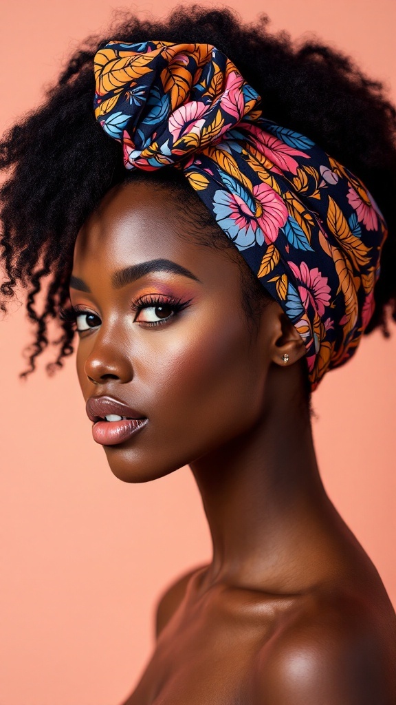 A woman with a vibrant floral headwrap and glowing skin, showcasing a stylish summer hairstyle.