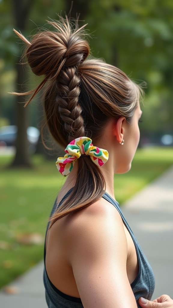 A woman with a chic high ponytail and colorful scrunchie, featuring a braided section and a relaxed sporty look.