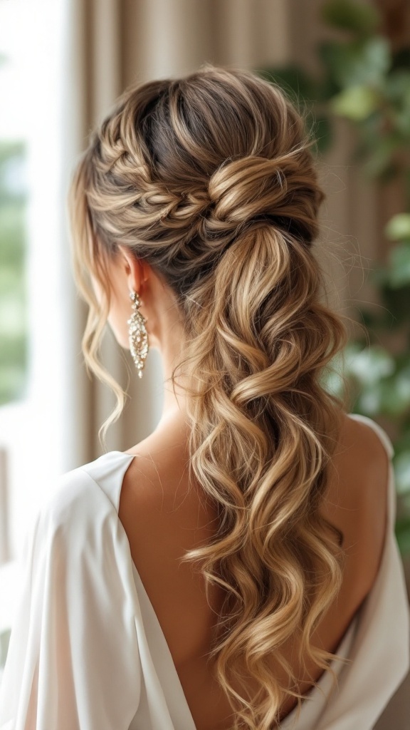 A woman with a chic high ponytail and statement earrings, showcasing an elegant hairstyle.