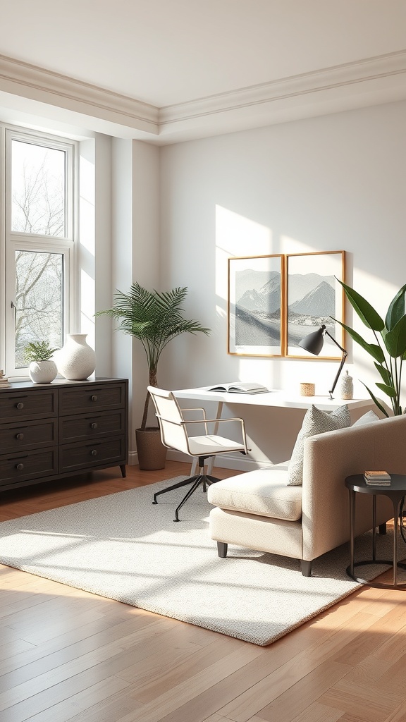 A modern home office with a desk, chair, armchair, and plants, featuring natural light from a large window.