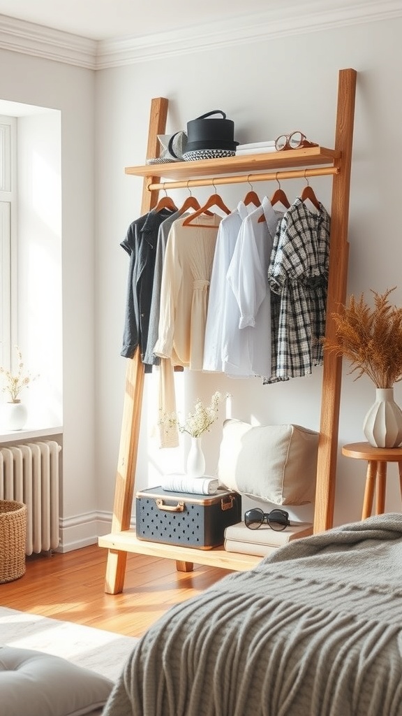 A stylish wooden ladder clothes rack displaying various clothing items and accessories in a bright bedroom.