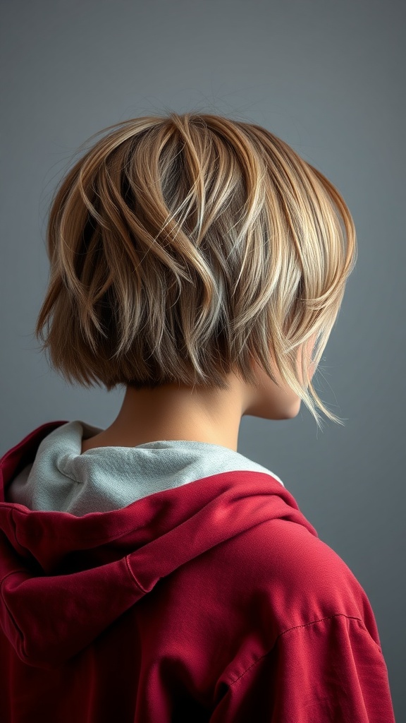 A layered haircut styled casually with a red hoodie