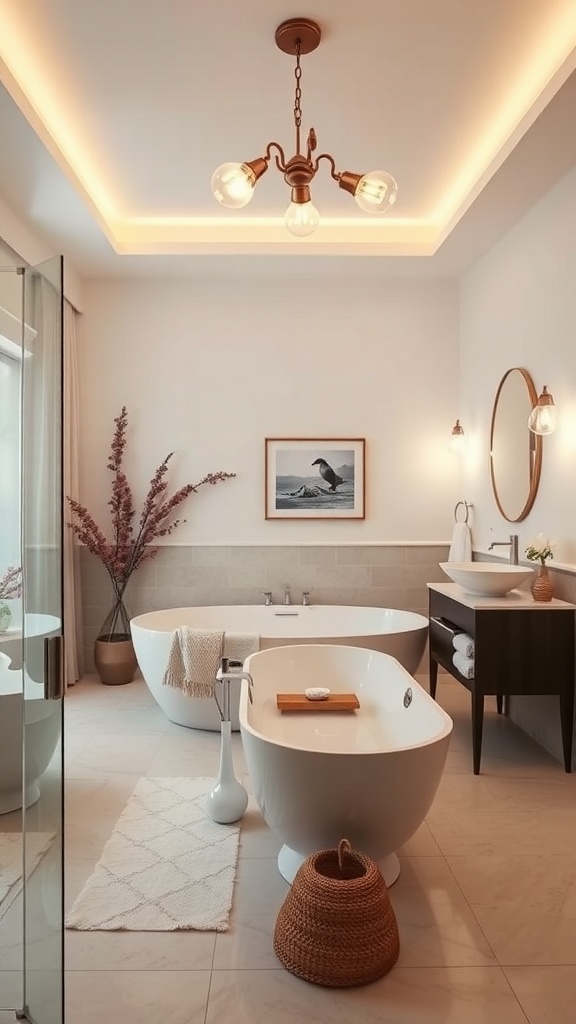 Modern bathroom with chic lighting fixtures, featuring a chandelier and wall sconces.