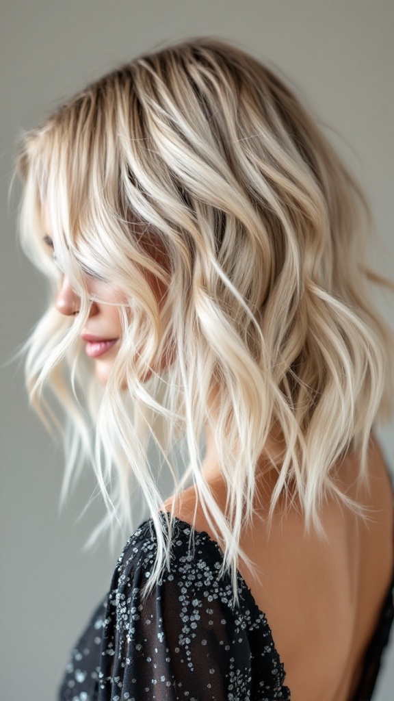 A side view of a woman with a chic lob hairstyle featuring beachy texture.